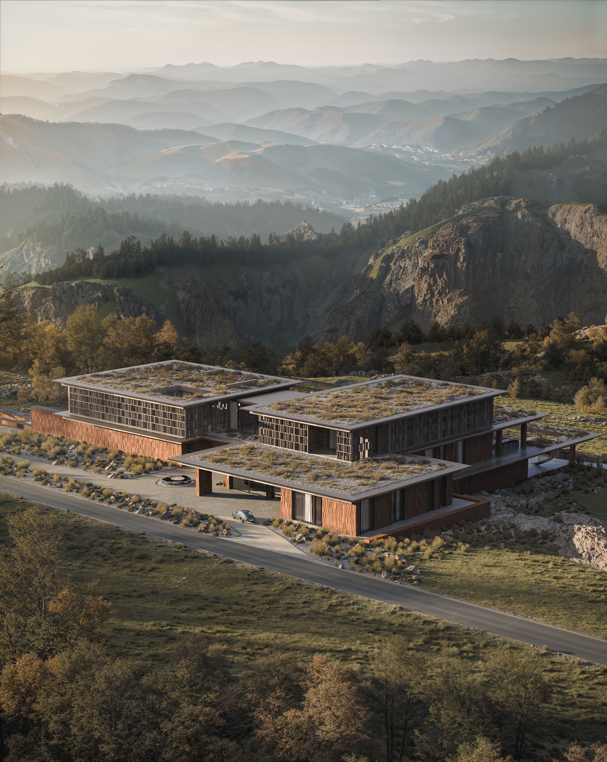Project Echo Ridge is a private mountain residence, located 50 km from Tbilisi, designed to maximize openness and connection with the surrounding natural landscape. The primary objective was to create a spacious, light-filled home that blurs the boundaries between interior and exterior, allowing residents to fully experience the fresh mountain air and panoramic views in a minimalist yet warm environment.
