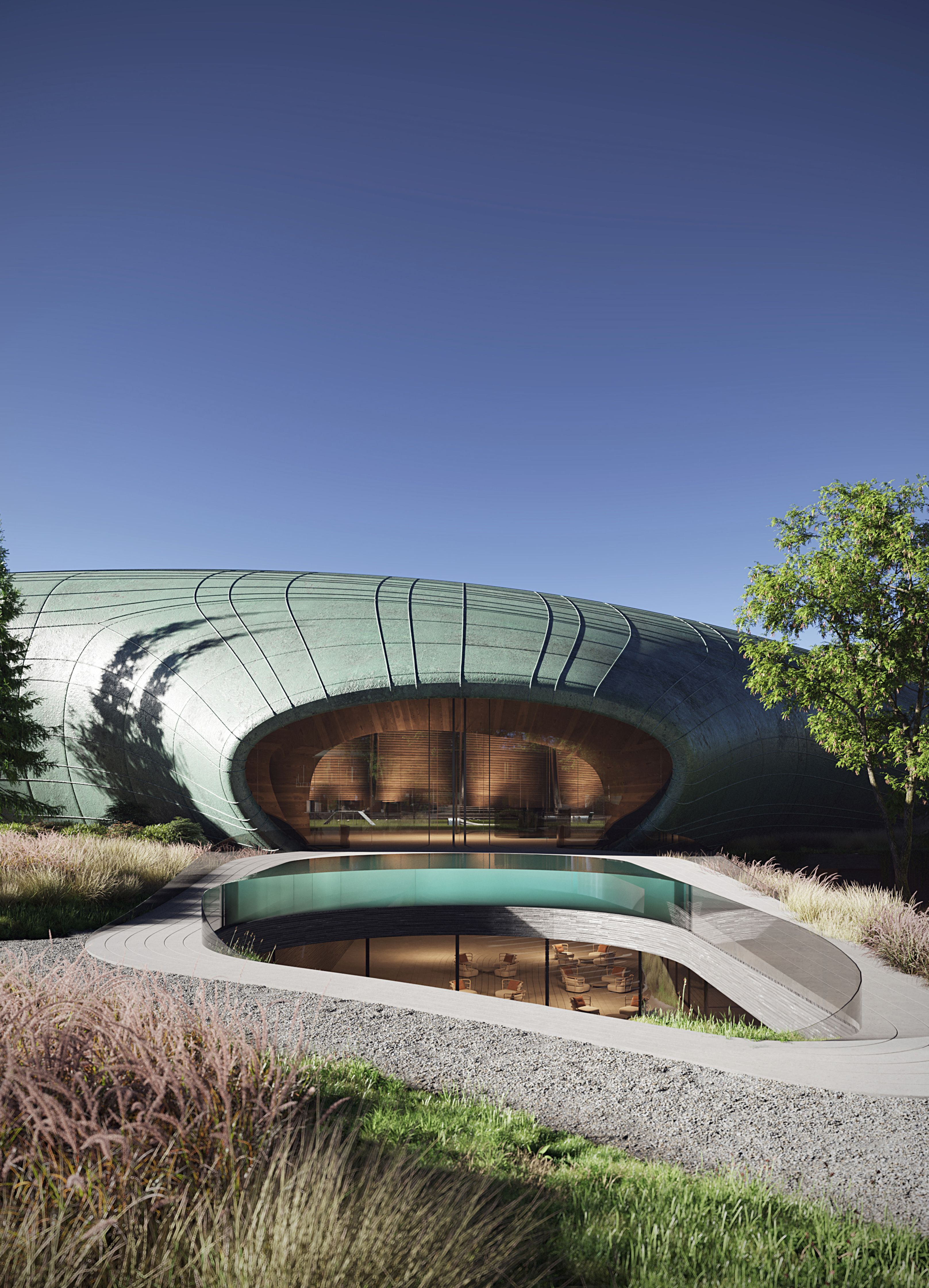 Project Inspired by the natural world, the design features flowing curves and organic lines that mimic nature itself. The structure feels alive, blending effortlessly with its surroundings. The soft, earthy-toned metal facade reflects the environment, allowing the building to breathe with the land.