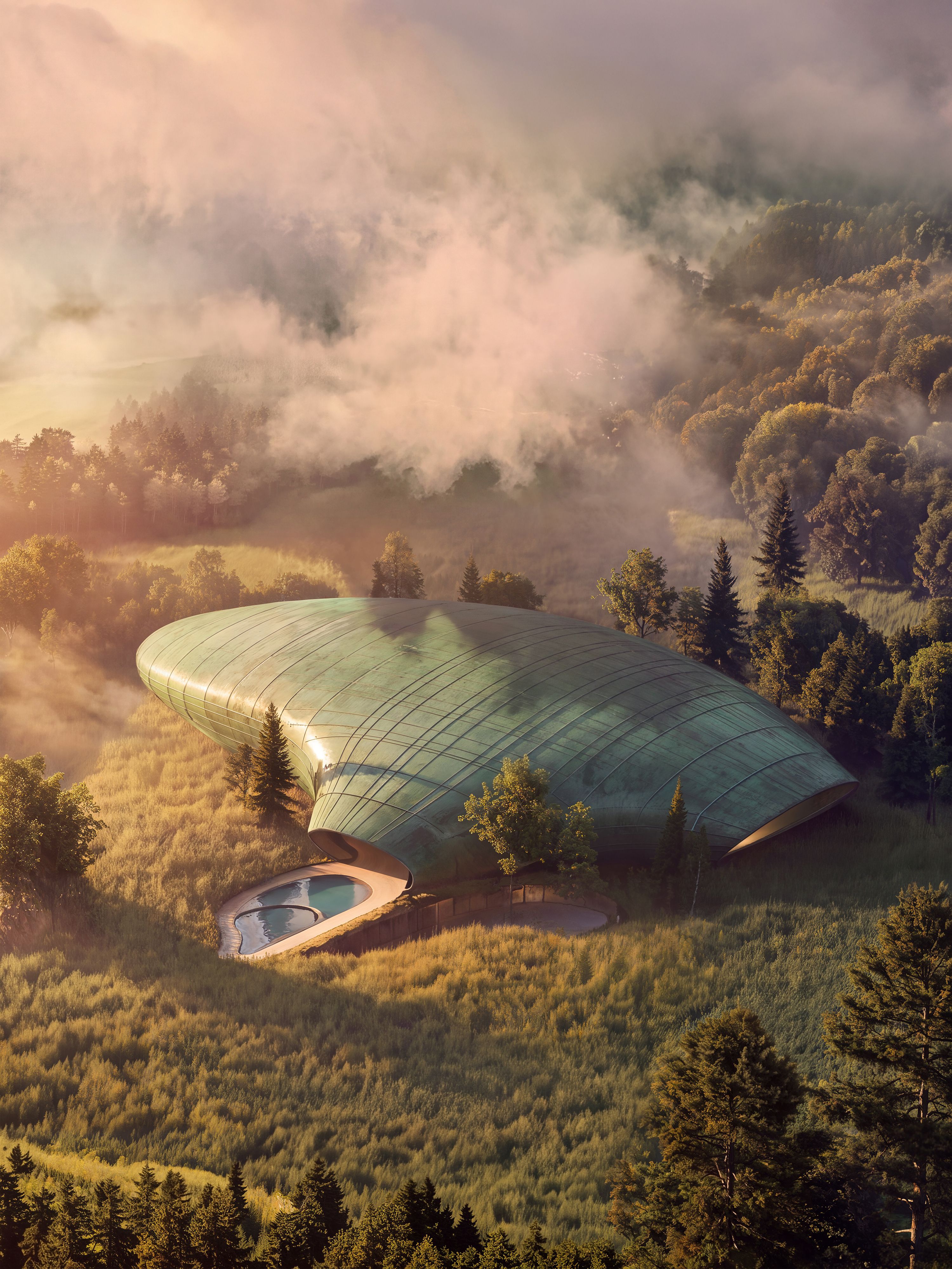 Project Inspired by the natural world, the design features flowing curves and organic lines that mimic nature itself. The structure feels alive, blending effortlessly with its surroundings. The soft, earthy-toned metal facade reflects the environment, allowing the building to breathe with the land.
